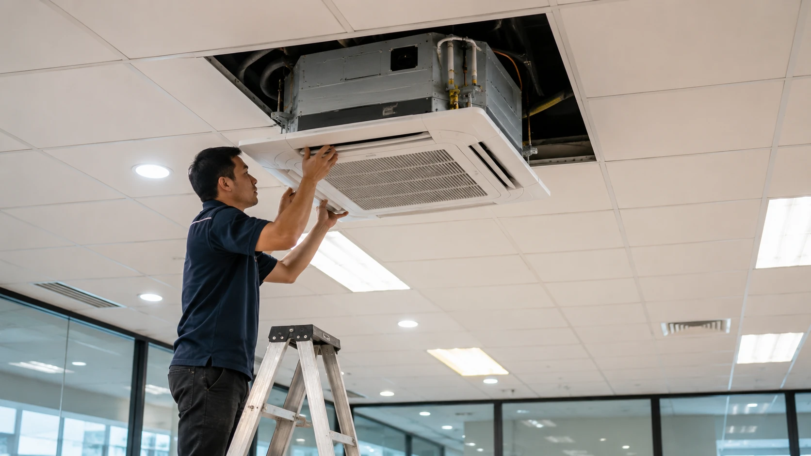 Technician installing a cassette aircon unit into a suspended ceiling grid