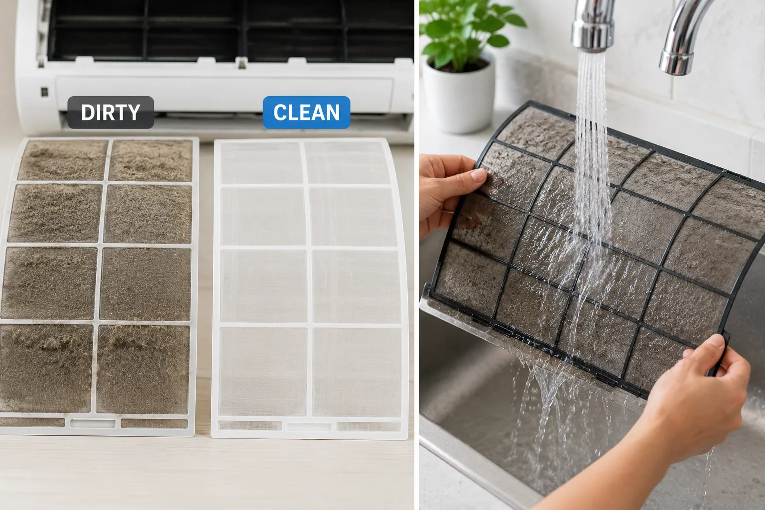 Most split unit filters can be removed, rinsed, and replaced in under 10 minutes — no tools needed