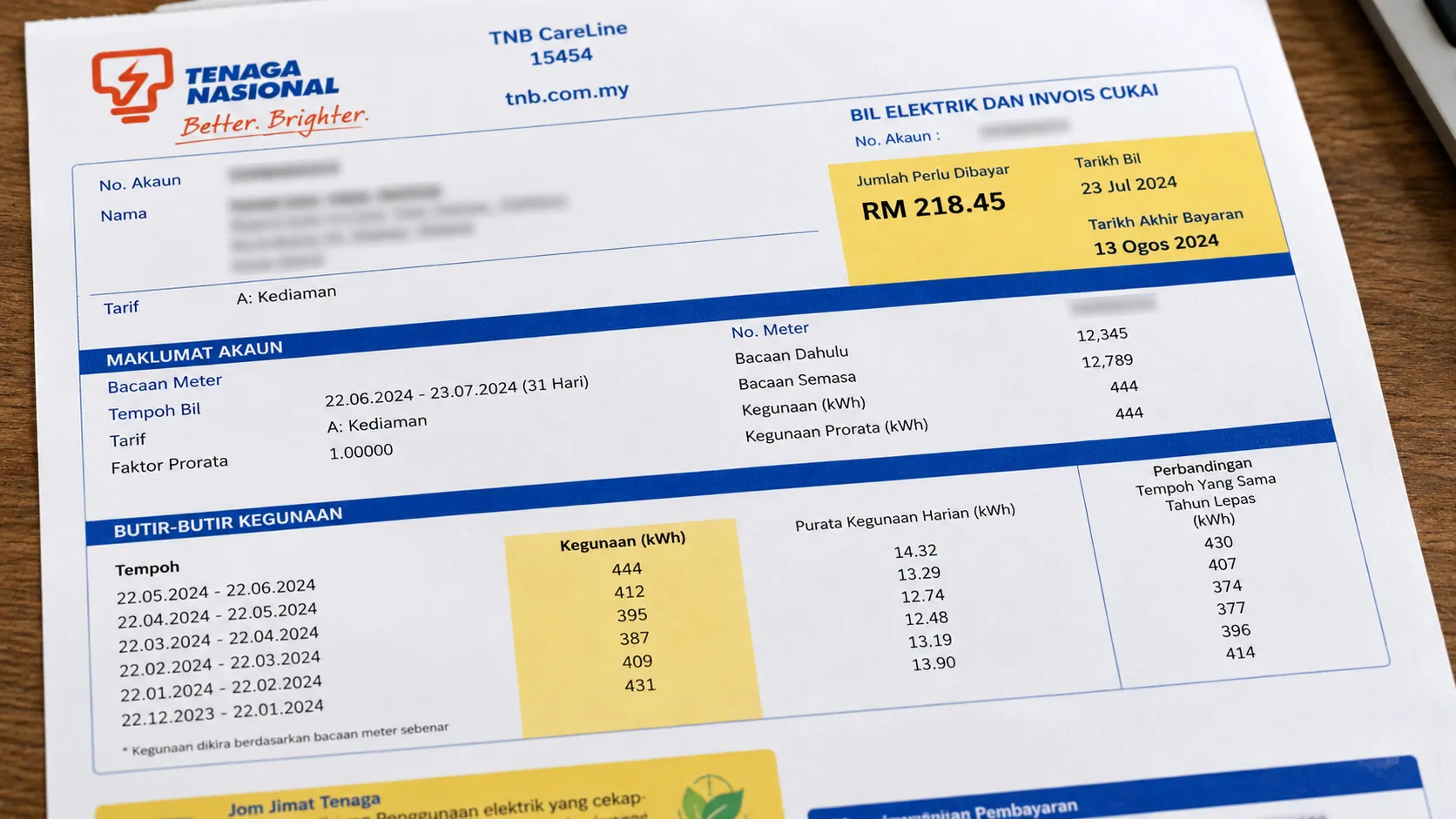 Malaysian residential electricity bill showing monthly units consumed