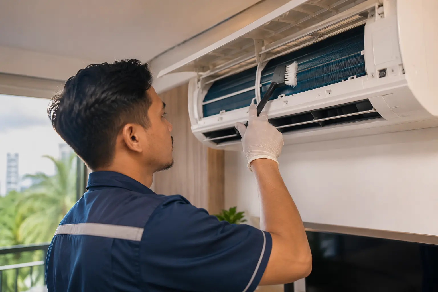 Aircon technician performing regular servicing on a wall-mounted unit